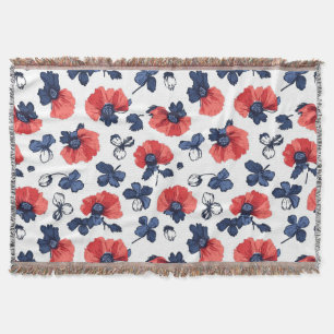 Watercolor Poppies Pattern – Red, Blue & White (3) Throw Blanket