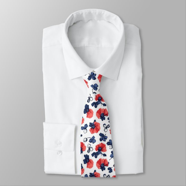 Watercolor Poppies Pattern – Red, Blue & White (3) Tie (Tied)