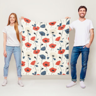 Watercolor Poppies Pattern – Red, Blue & White Fleece Blanket