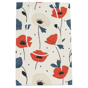 Watercolor Poppies Pattern – Red, Blue & White Medium Gift Bag