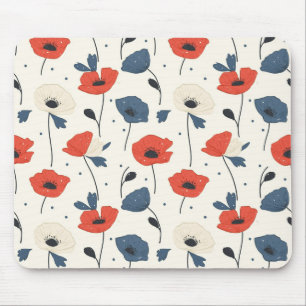 Watercolor Poppies Pattern – Red, Blue & White Mouse Mat