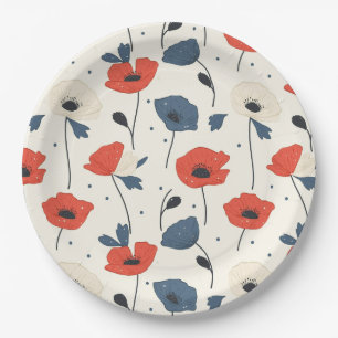 Watercolor Poppies Pattern – Red, Blue & White Paper Plate