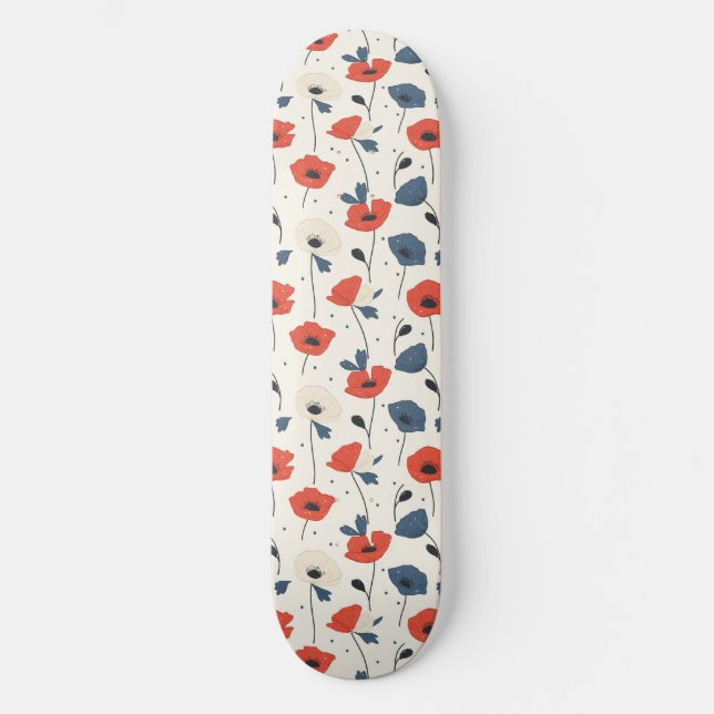Watercolor Poppies Pattern – Red, Blue & White Skateboard (Front)