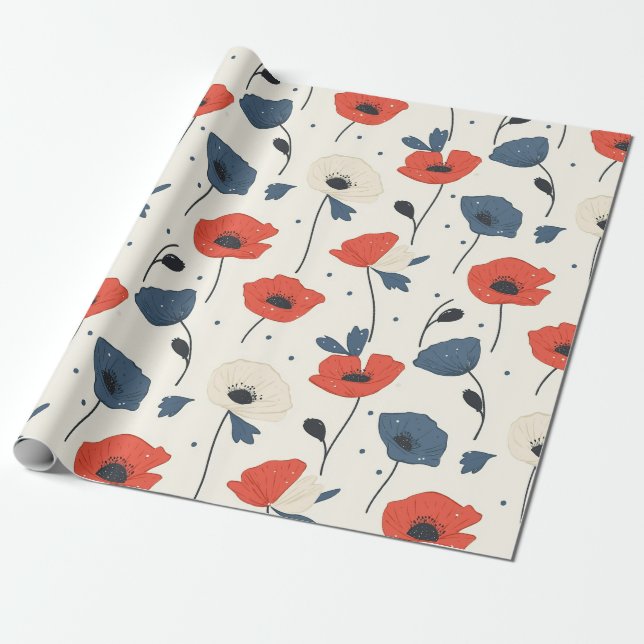 Watercolor Poppies Pattern – Red, Blue & White Wrapping Paper (Unrolled)