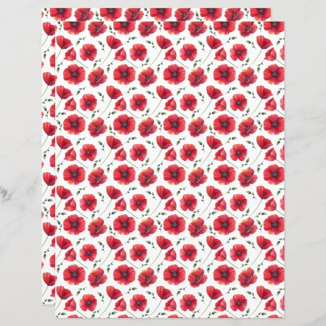 Watercolor Poppies Scrapbook Paper (Front/Back)