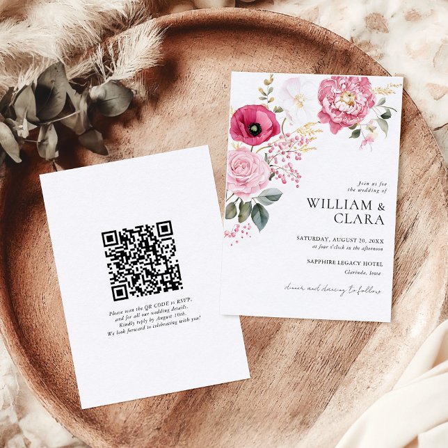Watercolor Poppy And Peony Pink Floral Wedding Invitation (Creator Uploaded)