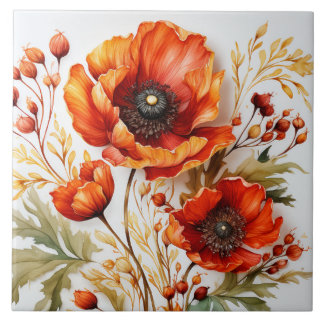 watercolor poppy bouquet of wildflowers tile