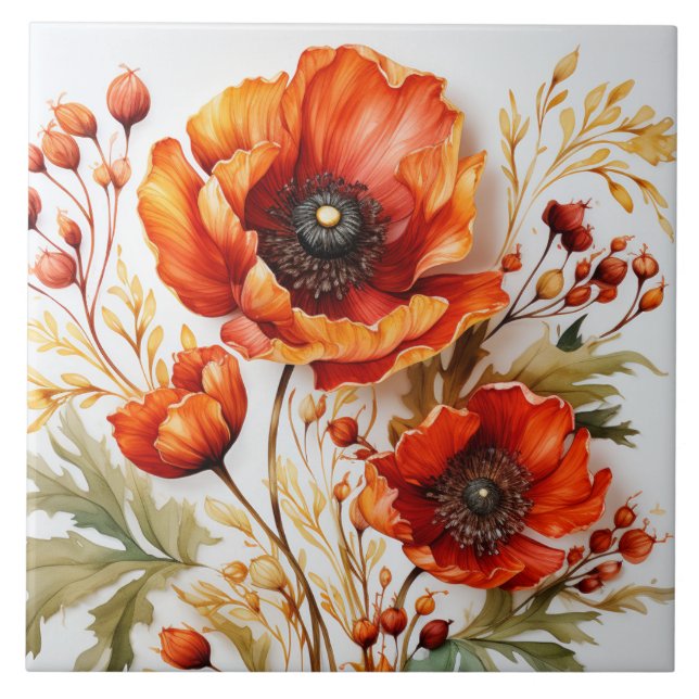 watercolor poppy bouquet of wildflowers tile (Front)