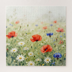 Watercolor Poppy Daisy Cornflower Meadow Pattern Jigsaw Puzzle