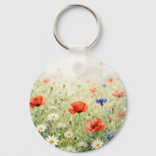 Watercolor Poppy Daisy Cornflower Meadow Pattern Key Ring
