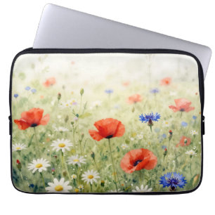 Watercolor Poppy Daisy Cornflower Meadow Pattern Laptop Sleeve