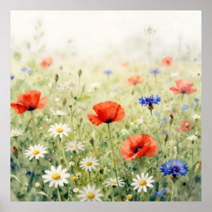 Watercolor Poppy Daisy Cornflower Meadow Pattern Poster