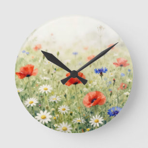Watercolor Poppy Daisy Cornflower Meadow Pattern Round Clock