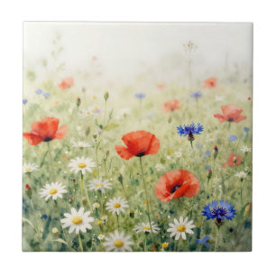 Watercolor Poppy Daisy Cornflower Meadow Pattern Tile