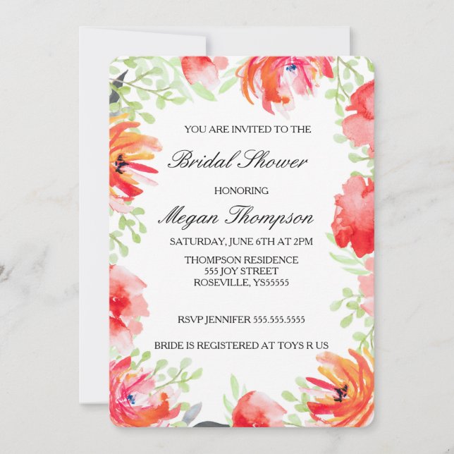 Watercolor Poppy Flower Bridal Shower Invitation (Front)