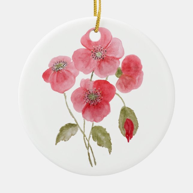 Watercolor poppy flower ceramic tree decoration (Front)