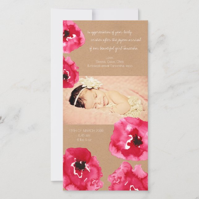 Watercolor Poppy Flowers Baby Girl Thank You Card (Front)
