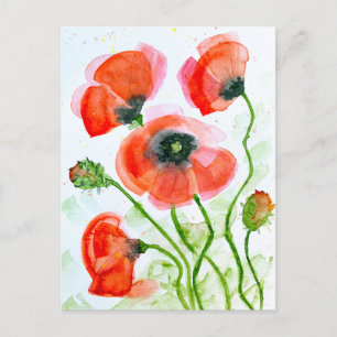 Watercolor poppy flowers in summer holiday postcard