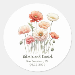 Watercolor Poppy Flowers Pretty Custom Wedding  Classic Round Sticker