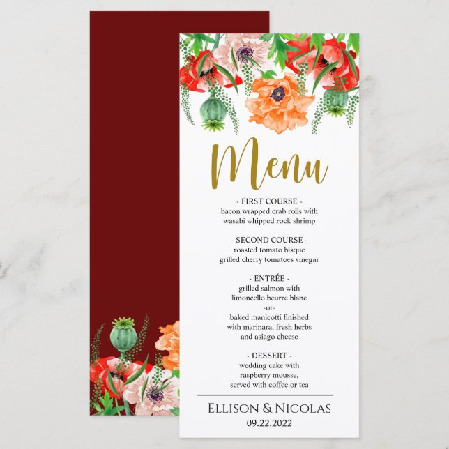 Watercolor Poppy Flowers Wedding Dinner Menu (Front/Back)