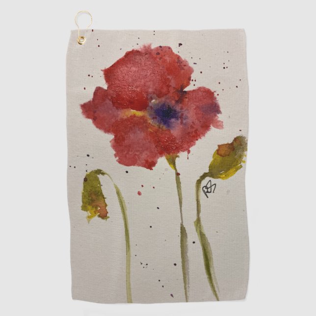 Watercolor poppy golf towel (Front)