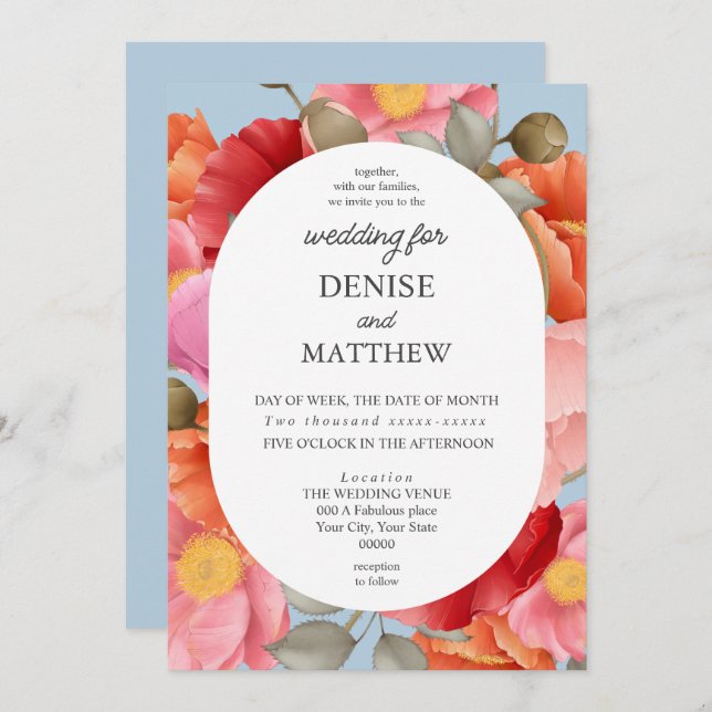 Watercolor Poppy on Spun Sugar Blue Invitation (Front/Back)