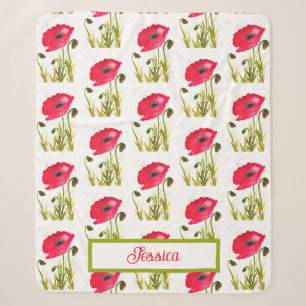 Watercolor Poppy Red Flowers Nursery Chic Nature Sherpa Blanket