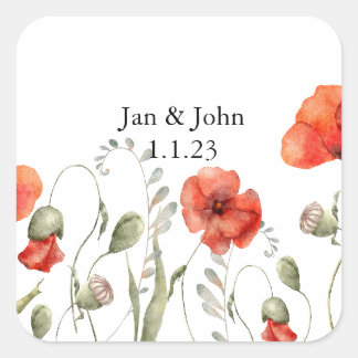 Watercolor Poppy Red wildflowers  Square Sticker