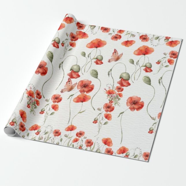 Watercolor Poppy Red wildflowers wedding  Wrapping Paper (Unrolled)