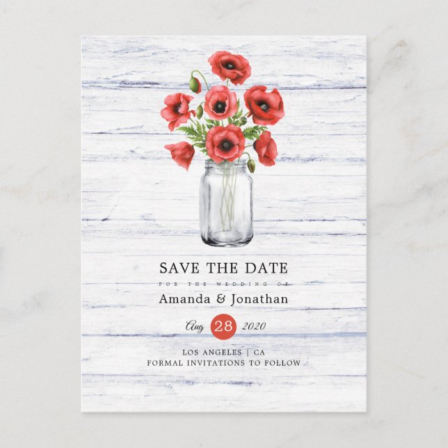 Watercolor Poppy Rustic Mason Jar Wedding Announcement Postcard (Front)