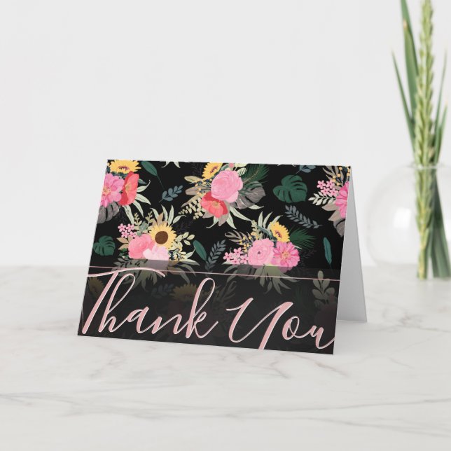 Watercolor Poppy & Sunflowers Floral Black Design Holiday Card (Front)