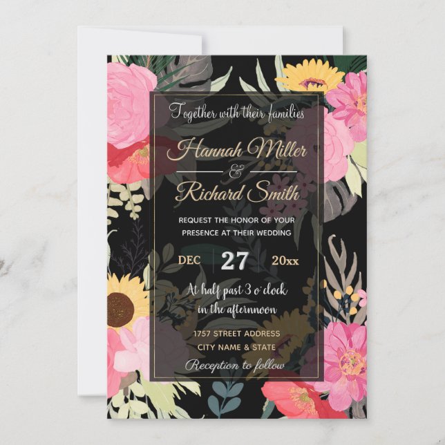 Watercolor Poppy & Sunflowers Floral Black Design Invitation (Front)