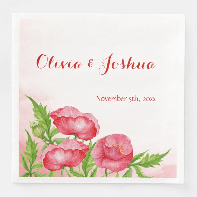 Watercolor Poppy Wedding Napkins (Front)