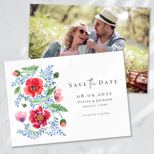 Watercolor Poppy Wildflowers Script Wedding Save The Date (Creator Uploaded)