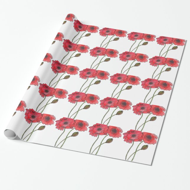 Watercolor Poppy Wrapping Paper (Unrolled)
