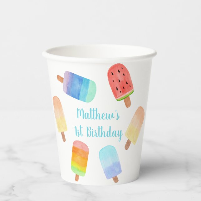 Watercolor Popsicle Blue Boy Birthday Paper Cups (Front)