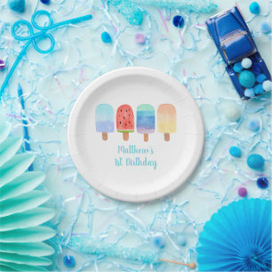 Watercolor Popsicle Blue Boy Birthday Paper Plate