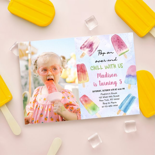 Watercolor Popsicle Pop On Over Birthday Photo Invitation (Creator Uploaded)