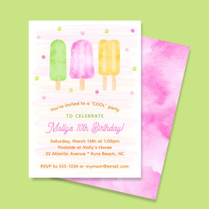 Watercolor Popsicles Colourful Girl 3rd Birthday Invitation