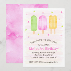 Watercolor Popsicles Cute Pink Girl 3rd Birthday Invitation