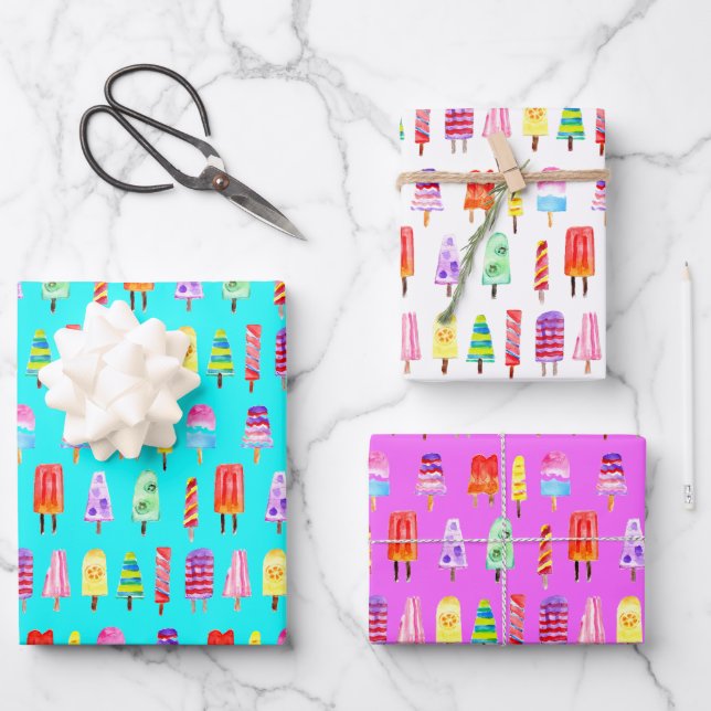 Watercolor Popsicles Hand-Painted Rainbow Wrapping Paper Sheet (Front)
