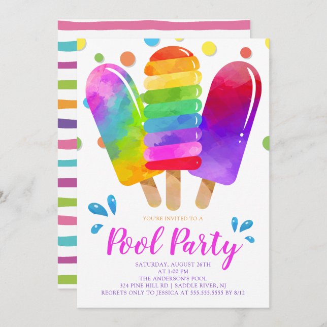 Watercolor Popsicles Pool Party Invitation (Front/Back)