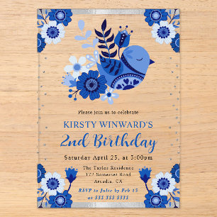 Watercolor Porcelain Floral Bird Birthday Acrylic Invitations