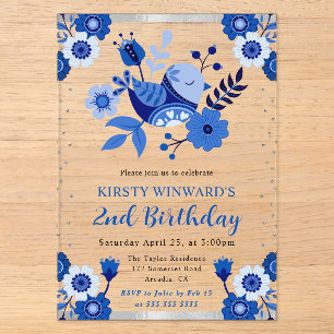 Watercolor Porcelain Floral Bird Birthday Acrylic Invitations