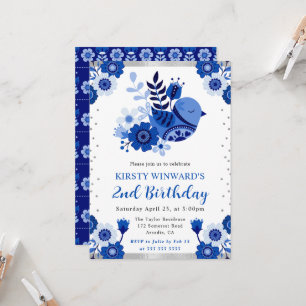 Watercolor Porcelain Floral Bird Birthday Invitation