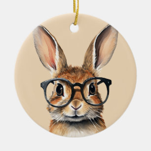 Watercolor Portrait Cute Rabbit With Glasses Ceramic Tree Decoration