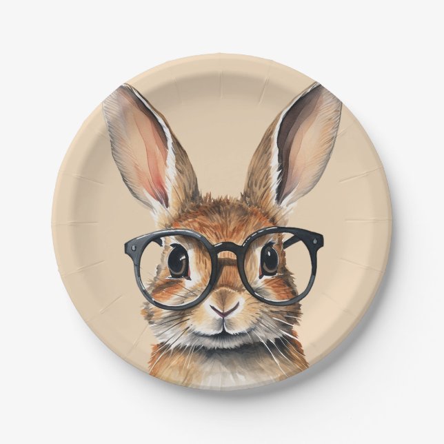 Watercolor Portrait Cute Rabbit With Glasses Paper Plate (Front)