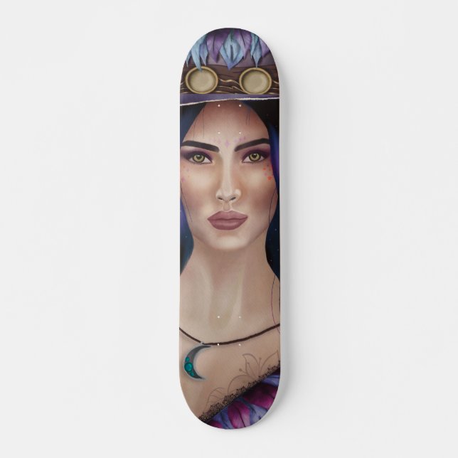 Watercolor Portrait of a Steampunk-inspired Woman Skateboard (Front)