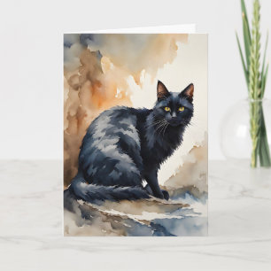 Watercolor Portrait of Black Cat Blank Greeting Card