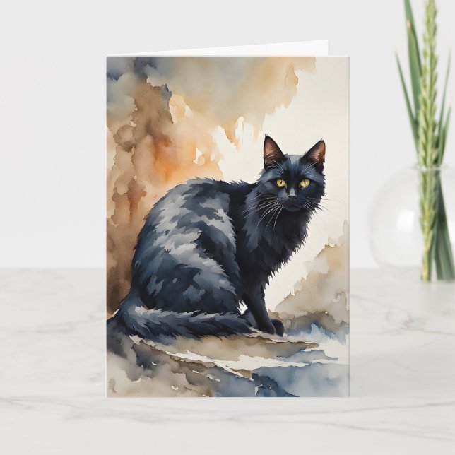 Watercolor Portrait of Black Cat Blank Greeting  Card (Front)